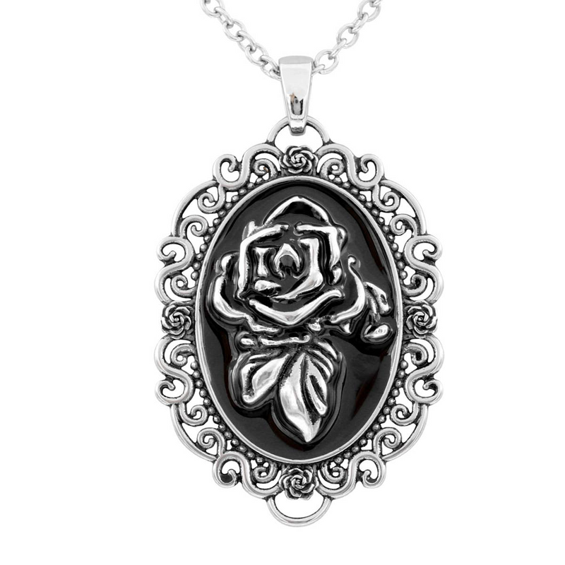 Controse Rose Portrait Cameo Necklace - Elegant Stainless Steel Necklace with Black Epoxy Detailing, Perfect for Formal Outings