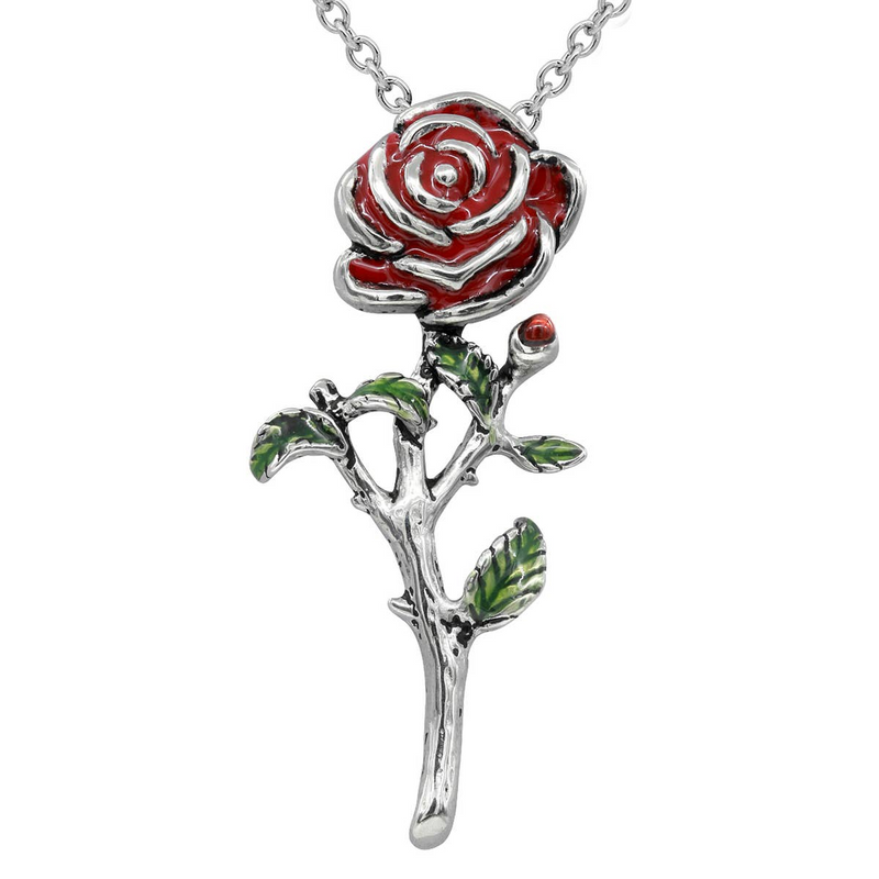 Controse Rose Necklace - Stainless Steel Pendant with Red and Green Epoxy