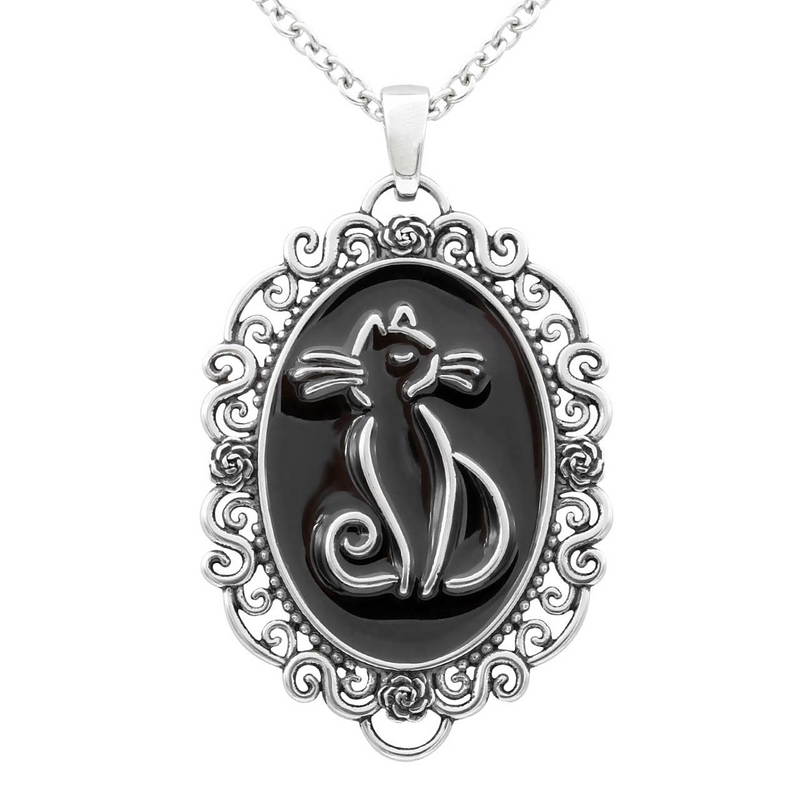 Controse Cat Cameo Necklace - Stainless Steel Cat Pendant with Antique Style, Adjustable Link Chain, 27-29 Inches