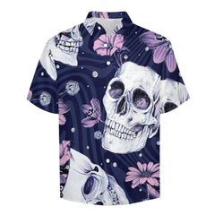 Skull and Flowers Hawaiian Slubbed Fabric Short Sleeve Shirt with Pocket