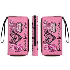 Peace Love Cure Breast Cancer Awareness Ribbon Pink Leather Wallet with Wristlet Strap