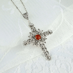 Filigree Art Carnelian Gemstone Women Silver Cross Pendant Necklace