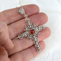 Filigree Art Carnelian Gemstone Women Silver Cross Pendant Necklace