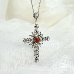 Filigree Art Carnelian Gemstone Women Silver Cross Pendant Necklace