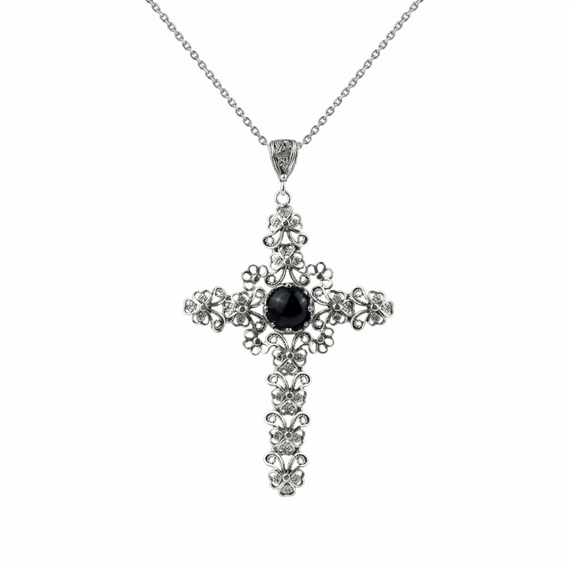 Filigree Art Black Onyx Gemstone Silver Cross Pendant Necklace | Elegant and Versatile Women's Jewelry