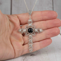 Filigree Art Black Onyx Gemstone Silver Cross Pendant Necklace | Elegant and Versatile Women's Jewelry