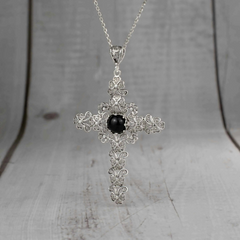 Filigree Art Black Onyx Gemstone Silver Cross Pendant Necklace | Elegant and Versatile Women's Jewelry