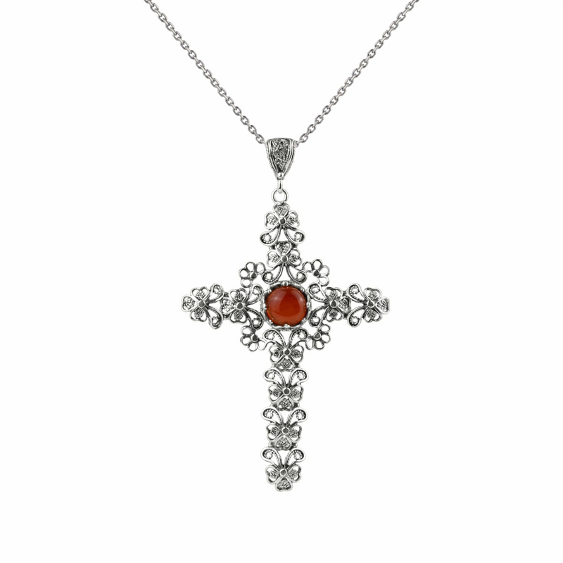 Filigree Art Carnelian Gemstone Silver Cross Pendant Necklace for Women