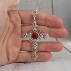 Filigree Art Carnelian Gemstone Silver Cross Pendant Necklace for Women