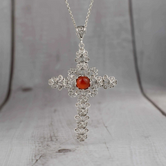 Filigree Art Carnelian Gemstone Silver Cross Pendant Necklace for Women