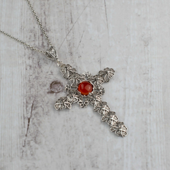 Filigree Art Carnelian Gemstone Silver Cross Pendant Necklace for Women