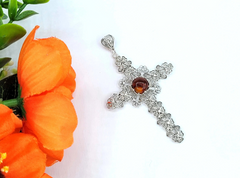 Filigree Art Amber Stone Silver Cross Pendant Necklace - Handcrafted and Unique