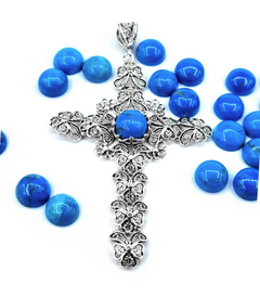 Filigree Art Turquoise Gemstone Silver Cross Design Women Pendant Necklace