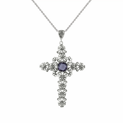 Filigree Art Amethyst Gemstone Silver Cross Pendant Necklace | 20-inch Silver Chain