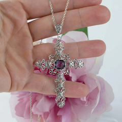 Filigree Art Amethyst Gemstone Silver Cross Pendant Necklace | 20-inch Silver Chain