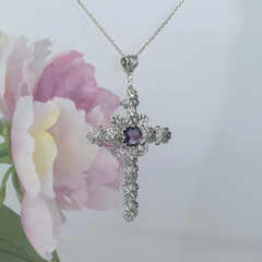 Filigree Art Amethyst Gemstone Silver Cross Pendant Necklace | 20-inch Silver Chain