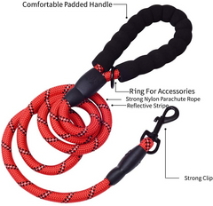 5 FT Thick Highly Reflective Dog Leash - Red | Durable & Comfortable for All Dog Sizes