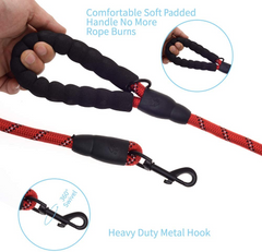 5 FT Thick Highly Reflective Dog Leash - Red | Durable & Comfortable for All Dog Sizes