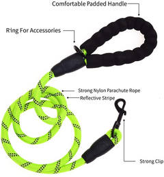 5 FT Reflective Dog Leash - Green | Durable Rope Leash for All Dog Sizes