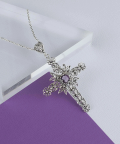 Filigree Art Amethyst Gemstone Women Silver Cross Pendant Necklace - Faithful and Fashionable