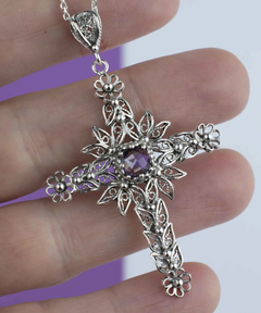 Filigree Art Amethyst Gemstone Women Silver Cross Pendant Necklace - Faithful and Fashionable