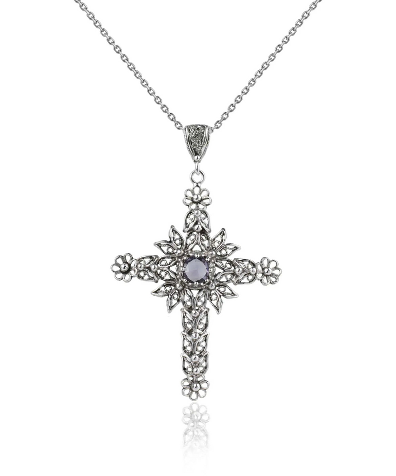 Filigree Art Amethyst Gemstone Women Silver Cross Pendant Necklace - Faithful and Fashionable