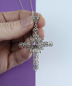 Filigree Art Amethyst Gemstone Women Silver Cross Pendant Necklace - Faithful and Fashionable