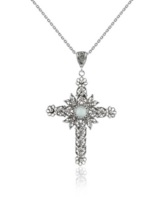 Filigree Art Aqua Chalcedony Gemstone Women Silver Cross Pendant Necklace - Handcrafted, Tranquil Design