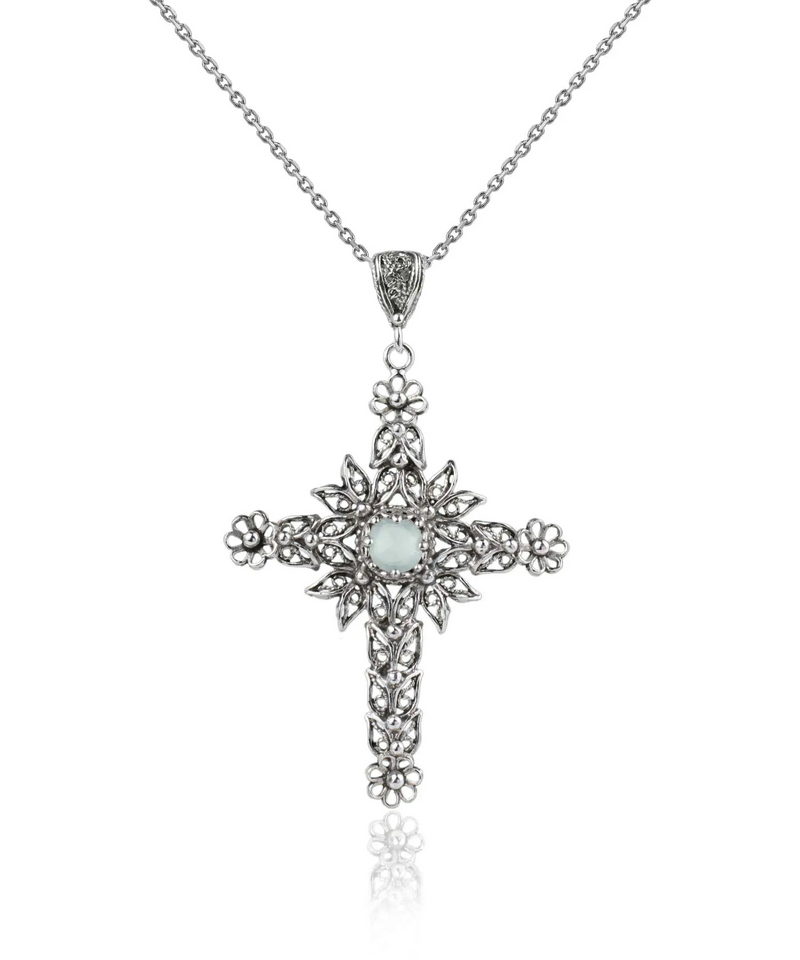 Filigree Art Aqua Chalcedony Gemstone Women Silver Cross Pendant Necklace - Handcrafted, Tranquil Design