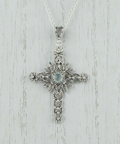 Filigree Art Aqua Chalcedony Gemstone Women Silver Cross Pendant Necklace - Handcrafted, Tranquil Design