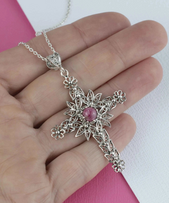 Filigree Art Rhodonite Gemstone Women Silver Cross Pendant Necklace