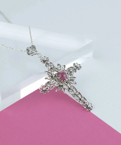 Filigree Art Rhodonite Gemstone Women Silver Cross Pendant Necklace