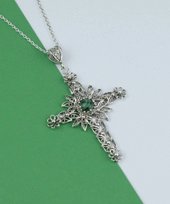 Filigree Art Malachite Gemstone Women Silver Cross Pendant Necklace | Unique Design, Handcrafted, Healing Properties