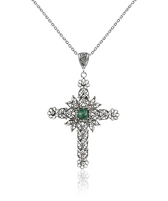 Filigree Art Malachite Gemstone Women Silver Cross Pendant Necklace | Unique Design, Handcrafted, Healing Properties