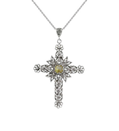 Filigree Art Citrine Gemstone Women Silver Cross Pendant Necklace - Handcrafted, Elegant Design