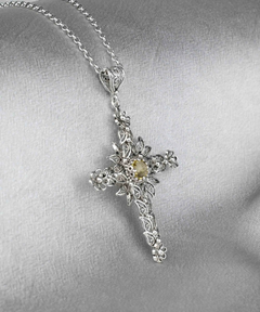 Filigree Art Citrine Gemstone Women Silver Cross Pendant Necklace - Handcrafted, Elegant Design