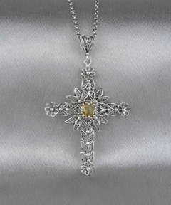 Filigree Art Citrine Gemstone Women Silver Cross Pendant Necklace - Handcrafted, Elegant Design