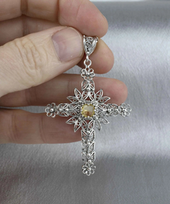 Filigree Art Citrine Gemstone Women Silver Cross Pendant Necklace - Handcrafted, Elegant Design