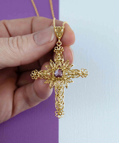 Filigree Art Amethyst Gemstone Women Gold Plated Silver Cross Pendant Necklace - Beautiful and Meaningful Jewelry