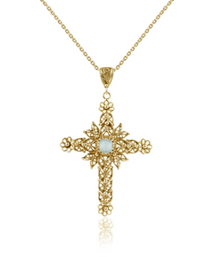 Filigree Art Aqua Chalcedony Gemstone Women Gold Plated Silver Cross Pendant Necklace