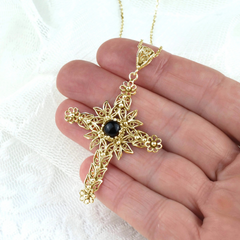 Filigree Art Black Onyx Gemstone Women Gold Plated Silver Cross Pendant Necklace - Symbol of Faith and Protection