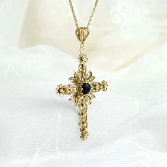 Filigree Art Black Onyx Gemstone Women Gold Plated Silver Cross Pendant Necklace - Symbol of Faith and Protection