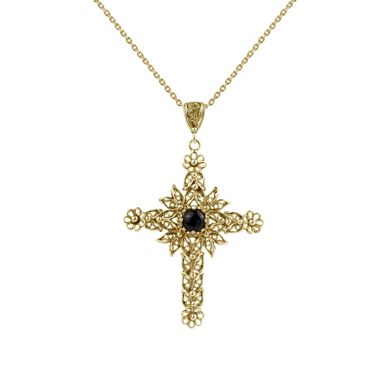 Filigree Art Black Onyx Gemstone Women Gold Plated Silver Cross Pendant Necklace - Symbol of Faith and Protection