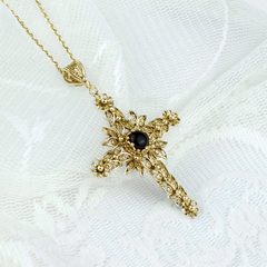 Filigree Art Black Onyx Gemstone Women Gold Plated Silver Cross Pendant Necklace - Symbol of Faith and Protection