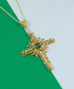 Filigree Art Malachite Gemstone Women Gold Plated Silver Cross Pendant Necklace