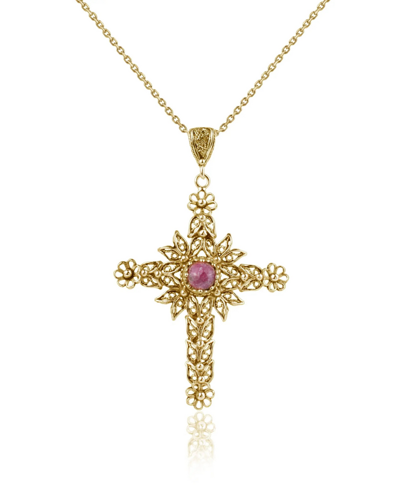 Filigree Art Rhodonite Gemstone Women Gold Plated Silver Cross Pendant Necklace