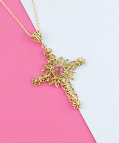 Filigree Art Rhodonite Gemstone Women Gold Plated Silver Cross Pendant Necklace