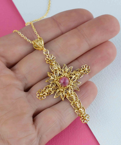 Filigree Art Rhodonite Gemstone Women Gold Plated Silver Cross Pendant Necklace