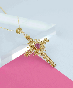 Filigree Art Rhodonite Gemstone Women Gold Plated Silver Cross Pendant Necklace