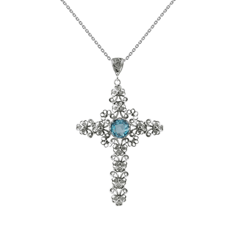 Filigree Art Blue Topaz Gemstone Silver Cross Pendant Necklace